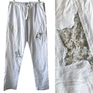 Tempo Paris White Italian Sequin Stars Crinkle Style Pants, XL